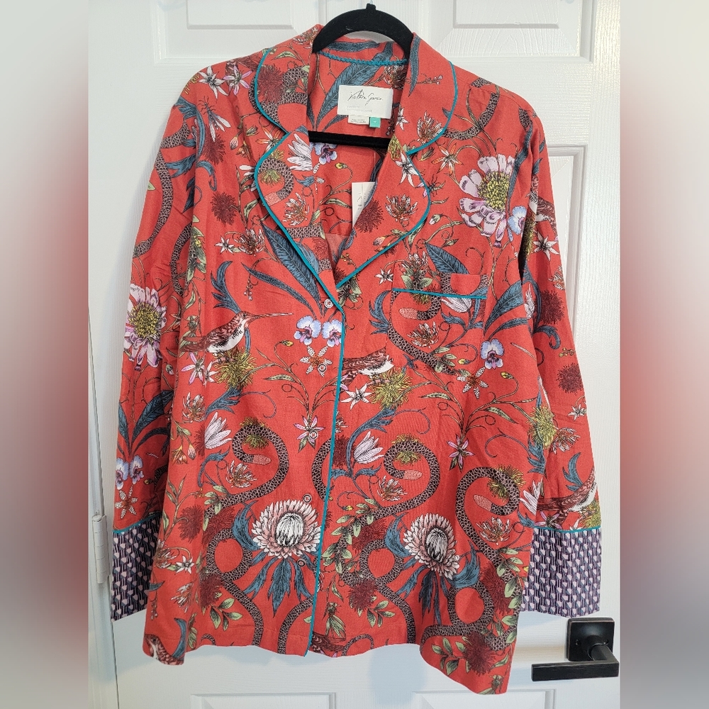 Anthropologie, long sleeve red shirt with floral & birds